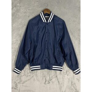 Vintage Varsity Style Jacket Men Sz L Blue Striped Snap USA 80s Retro Streetwear